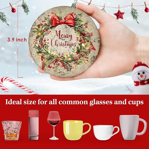 Bribay Christmas Coasters Set of 6 Ceramic Stone with Cork Bottom