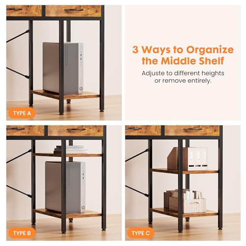 OLIXIS Rustic Brown 55 Inch Computer Desk with 6 Fabric Drawers for Home Office & Gaming
