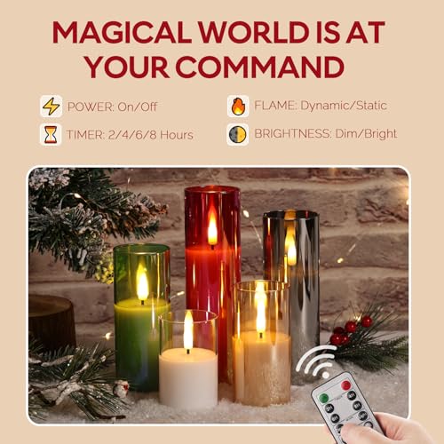 Red Glass Flameless Pillar Candles with Remote (Set of 5) Eywamage