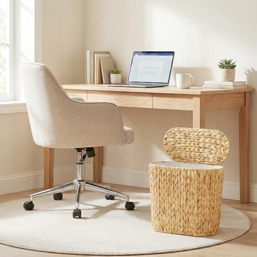 Brown Wicker Trash Can with Lid - Narrow Water Hyacinth Waste Basket for Bathroom, Bedroom, Office, Small Spaces