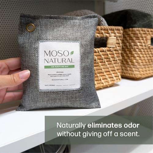 Moso Natural Activated Charcoal Air Purifying Bags 200g Pack of 5 - Odor Eliminator & Moisture Absorber for Home & Car, Unscented