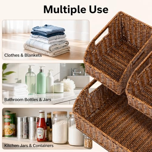 Brownlily Faux Wicker Pantry Storage Baskets - Brown, 3-Piece Set