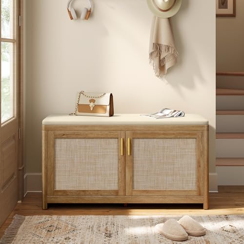 Natural Brown Boho Shoe Bench with Cushion, Rattan Look, 13.8x39.4x20.9 Inches