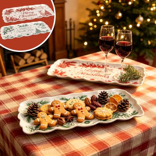 Beesen Christmas Melamine Serving Trays Set of 2 15.5x8 North Pole Red & Green Scalloped