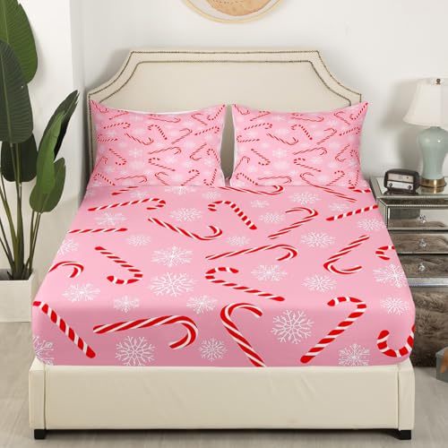 Pink Red Xmas Candy Cane Queen Bed Sheet Set - Christmas Holiday Bedding