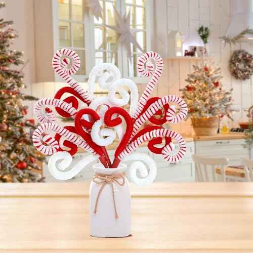 Sggvecsy 6 Pcs Christmas Tree Decoration Woolen Bells Candy Cane Shape Picks Lollipop Curly Pick Ornaments Xmas Tree Topper for Vase Filler Home Office Decor (Red)