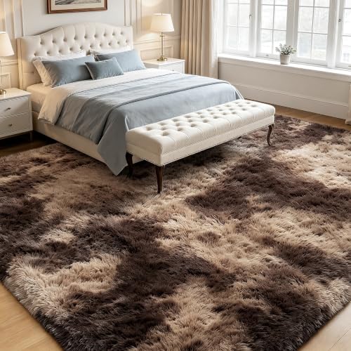 Mottled Brown 8x10 Area Rugs for Living Room, Fluffy Shag Rug Large