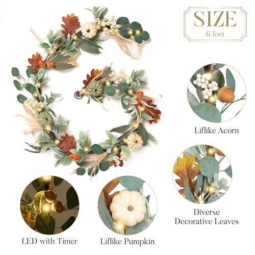 Valery Madelyn 6ft Fall Garland with Pumpkins & LED Lights, White/Green