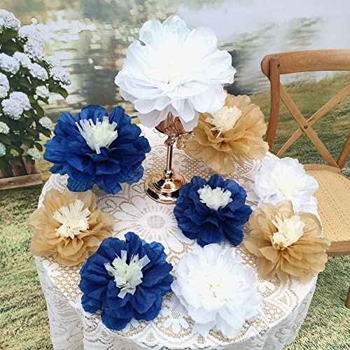 Mybbshower 12 PCS Navy Blue Gold Tissue Paper Flowers for Birthday Baby Bridal Shower Wedding Bachelorette Navy Blue Anniversary Party Decorations 10"-6"