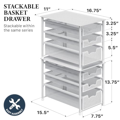 3-Tier White Sliding Basket Organizer - Space-Saving Kitchen & Bathroom Storage
