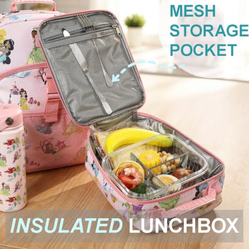 Disney Princess Pink AOP Character 16" Backpack & Lunch Box Set with Stainless Steel Water Bottle