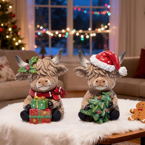 Hodao 2pcs Christmas Highland Cow Figurines – Red-Green Santa Hat Mantel Decor