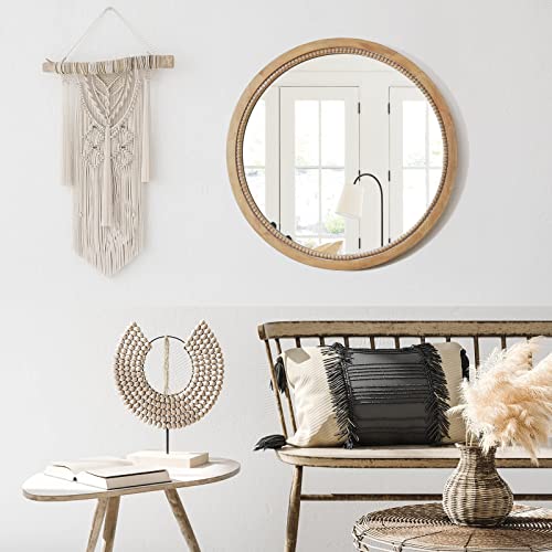 24-Inch Rustic Wood Circle Farmhouse Wall Mirror - Boho Bathroom Decor, Nature Finish