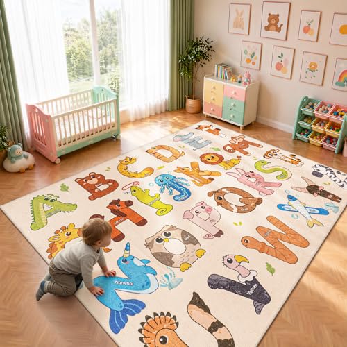 Rezutan 5' x 7' Beige Classroom Alphabet Rug, Washable & Non-Slip Kid's Play Carpet