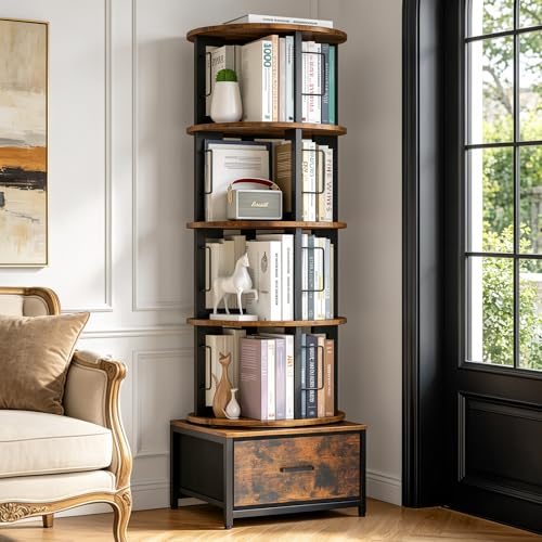 5-Tier Rotating Bookshelf Tower with Storage - Rustic Brown, Brown Variation