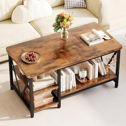 Farmhouse Coffee Table with Storage - 39.3-Inch Rectangular Living Room Table