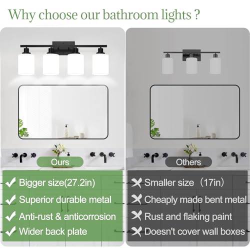 Matte Black 4-Light Bathroom Vanity Light with Milk Glass Shades - Over Mirror Fixture