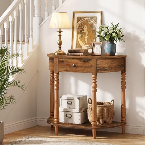 Hoctieon Half Moon Console Table with Drawer - Rustic Brown Entryway Table
