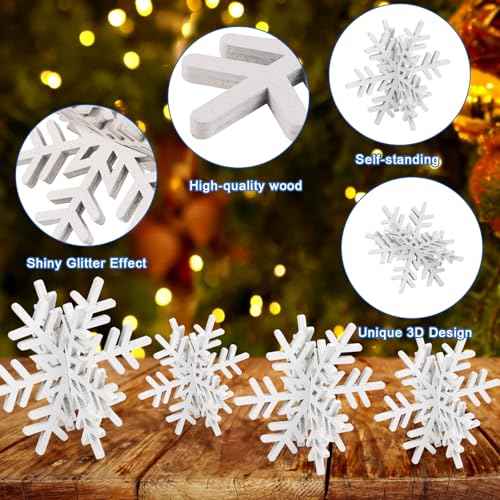 CCINEE 8pcs Christmas Wooden Snowflake Decoration Winter Snowflake Tabletop Sign White 3D Snowflake Tabletop Decor Glitter Snowflake Centerpiece for Xmas Wooderland Party Home Decoration