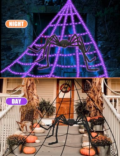 Purple Outdoor Spider Web Lights 16.4FT with Spider, 550 LEDs, Waterproof, 8 Modes for Halloween Decoration