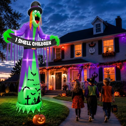 12FT Giant Halloween Inflatable Witch with LED Lights and Banner for Outdoor Decor
