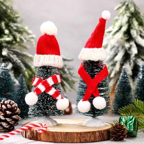 Bencailor 48 Pcs Mini Knit Santa Hats Tiny Christmas Scarf and Hats Set Mini Scarf for Crafts Small Christmas Tree Ornaments Decorations for DIY Craft Art Snowman Doll (Red)