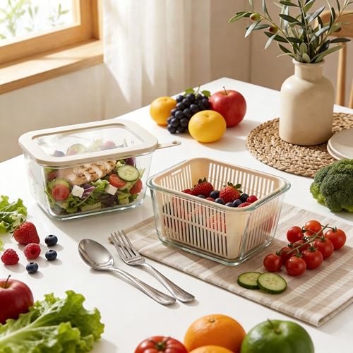 Urban Green Ivory White Glass Food Storage Containers Set with Lids & Colanders, 60oz, Leakproof, Microwave Safe, BPA Free - 2 Pack