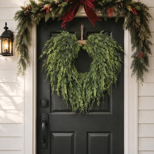 Heart-Shaped Artificial Cedar Wreath for Christmas Front Door Decor - 22 Inch