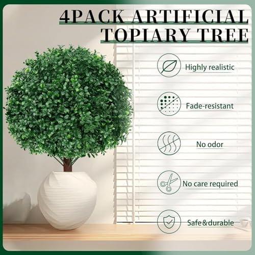 Artificial Boxwood Topiary Ball Trees - 4 Pack, Realistic Outdoor & Indoor Shrubs