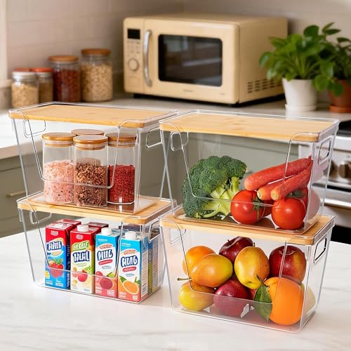 Criusia 4 Pack Large Stackable Pantry Organizers with Bamboo Lids for Kitchen Storage