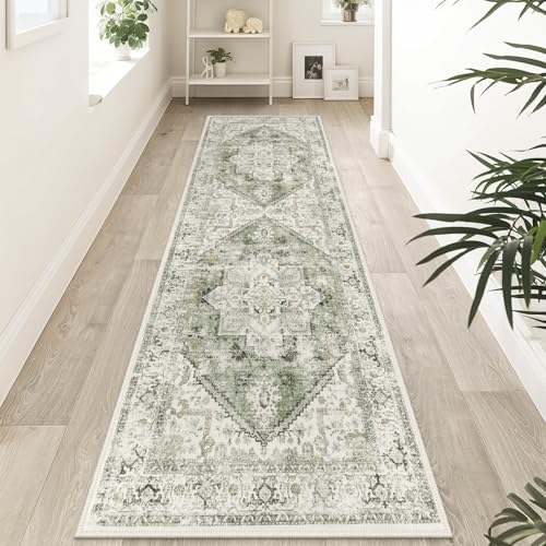 Medallion Sage Green Runner Rug - Non-Slip 2.5x8 Oriental Hallway Carpet