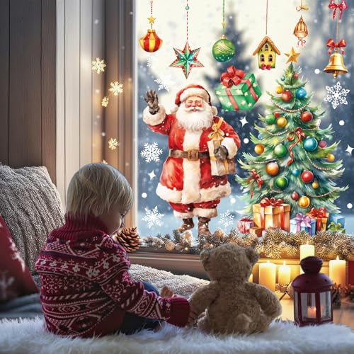 DERAYEE Christmas Window Clings 4 Sheets - Extra Large Double-Sided Santa, Snowman & Tree Decals