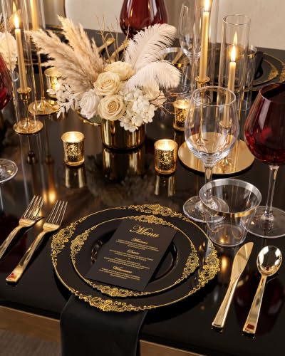Black and Gold Disposable Dinnerware Set for 100 Guests - Baroque Style Plates and Utensils