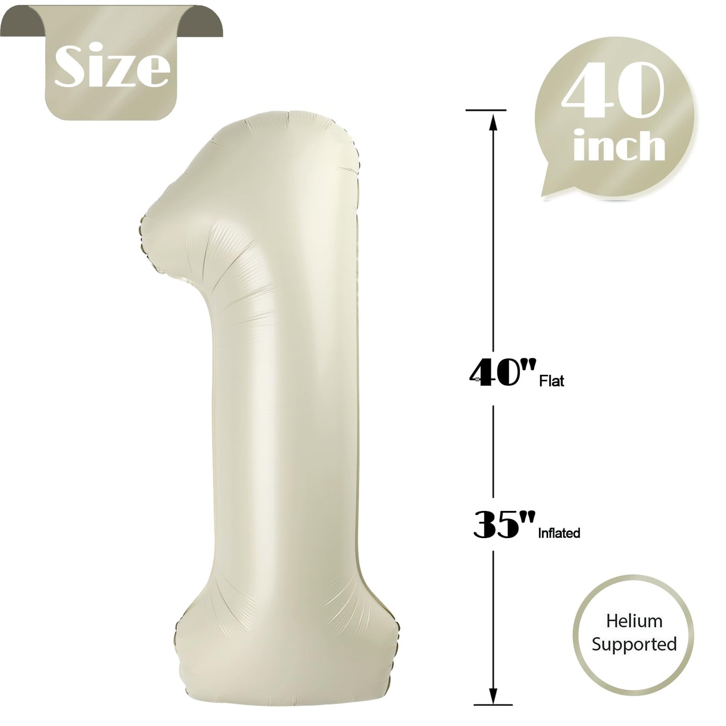 40 Inch Cream 1 Balloon for First Birthday, 1st Number Balloons Cream Birthday Decorations for Girl Boy Kids Toddler Baby, One Giant Number 1 Balloon