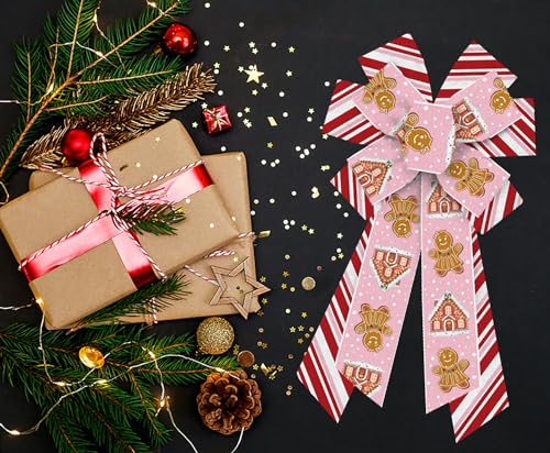 ABTOLS Pink Gingerbread Christmas Wreath Bow 11.4in x 20.8in, Red White Stripe Burlap Front Door Decor