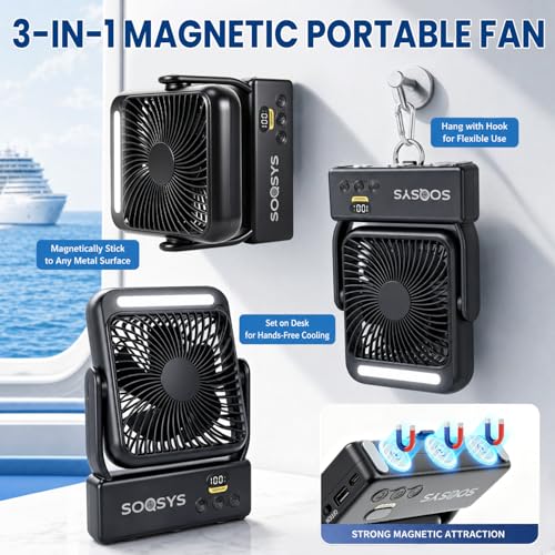 Black 2-Pack Magnetic Travel Fan with Night Light - 4-Speed, 10000mAh, Portable Cruise & Camping Fan