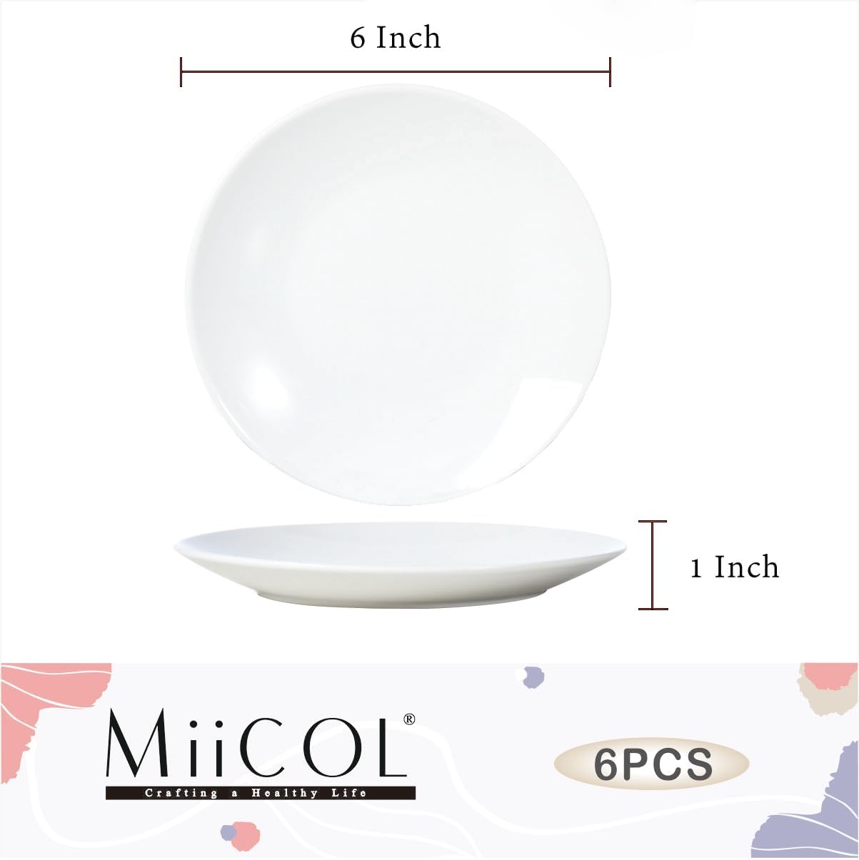 Miicol Small Dessert Plates - Set of 6 Ceramic White Appetizer Plates | 6-Inch Mini Porcelain Serving Dishes for Cake, Bread, Salad, Snack