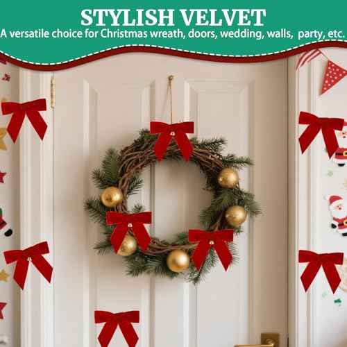 20PCS Velvet Bows Christmas Tree Decorations, 20PCS Jingle Bells & Twist Tie Bows for Crafts, Velvet Ribbon Christmas Bow for Gift Wrapping, Xmas Wreaths Garland, Wedding, Home Decors (Red)