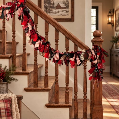 Rustic Farmhouse Christmas Garland with Plaid Flags - Reusable Indoor Holiday Decor