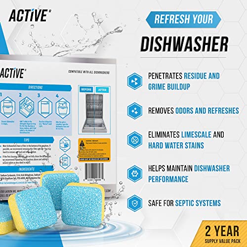 ACTIVE Dishwasher Cleaner Deodorizer Tablets 48 Pack - Deep Limescale & Odor Removal