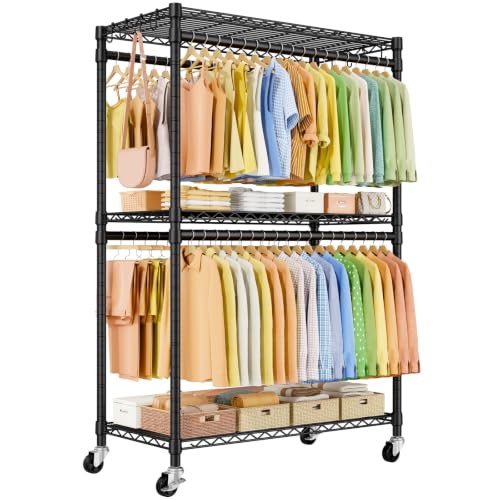 ULIFHOME Rolling Clothes Rack with Double Rod, Adjustable Shelves & Lockable Wheels - Black / P5 Plus