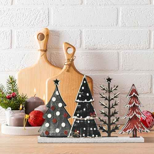 Smile Christmas Table Decor, Standing Centerpieces, 4Pcs Christmas Trees Wooden Signs, Shelf Decor.