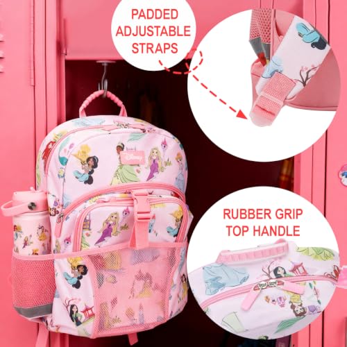 Disney Princess Pink AOP Character 16" Backpack & Lunch Box Set with Stainless Steel Water Bottle