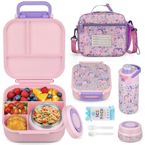Itslife Pink Kids Bento Lunch Box Set with Insulated Thermos & Water Bottle