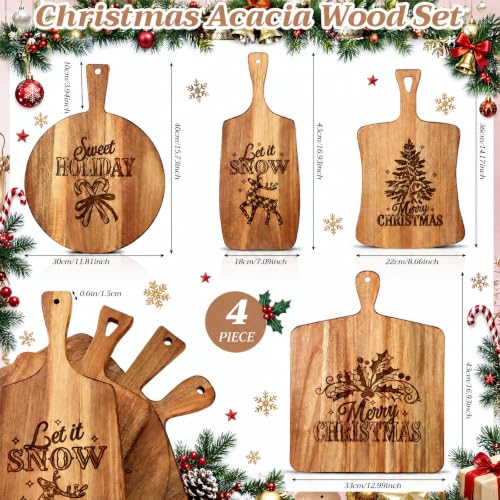 SiliFine Christmas Cutting Boards Set - 4 Acacia Wood Boards with Handles