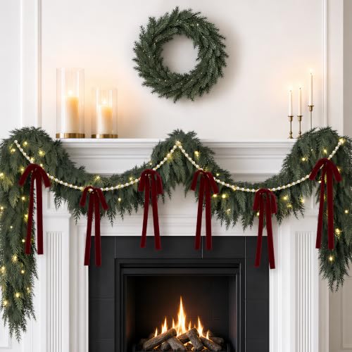 Burgundy Wine Red Velvet Bow & Pearl Garland Set - 2 x 7.2 Ft Christmas Decor