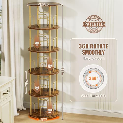 Flycity 5-Tier Rotating Corner Bookshelf - Gold, 360° Spinning Narrow Bookcase