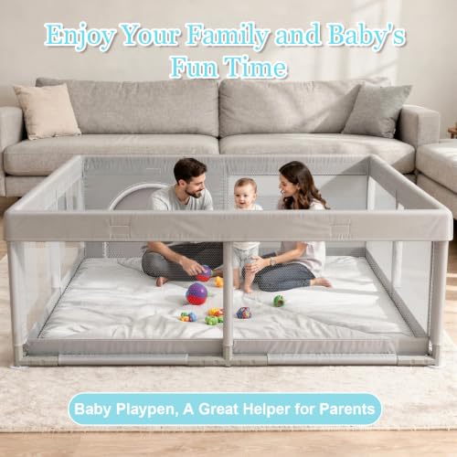 JINXIA 50x50 Inch Baby Playpen - Light Grey, Soft Skin-Safe Fabric, Baby & Toddler Safety Enclosure