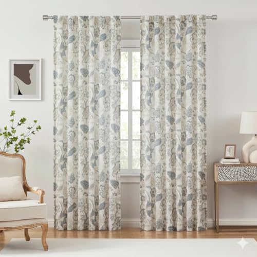 Semi Sheer Jacobean Floral Curtain Set - Blue Grey 52"W x 84"L, Pack of 2