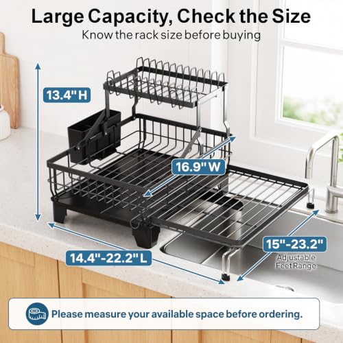 GSlife 2-Tier Expandable Dish Drying Rack for Sink & Counter - Black